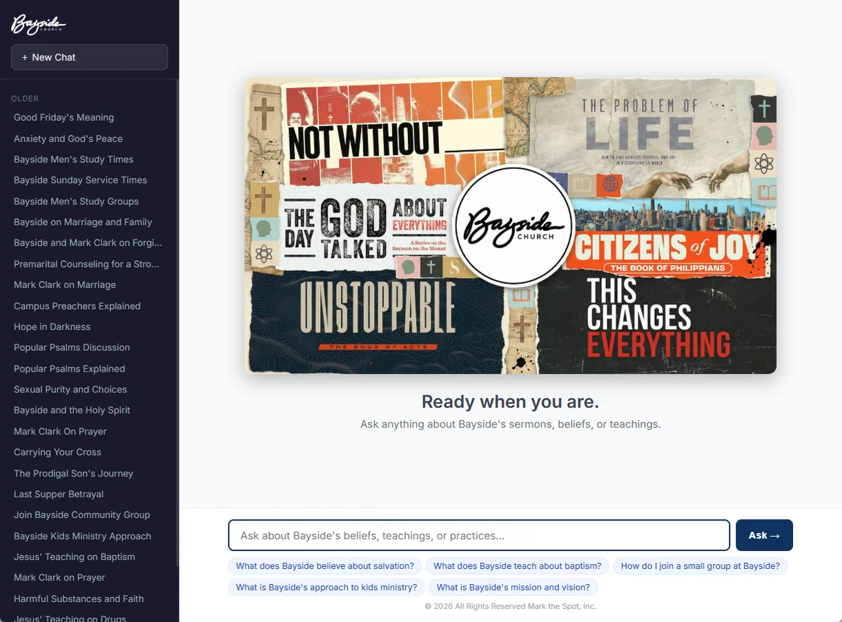 Bayside assistant home screen with suggested questions and a sermon series collage