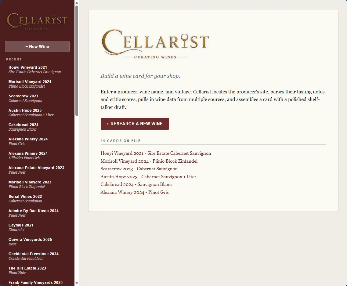 Cellarist home screen with a library of saved wine cards