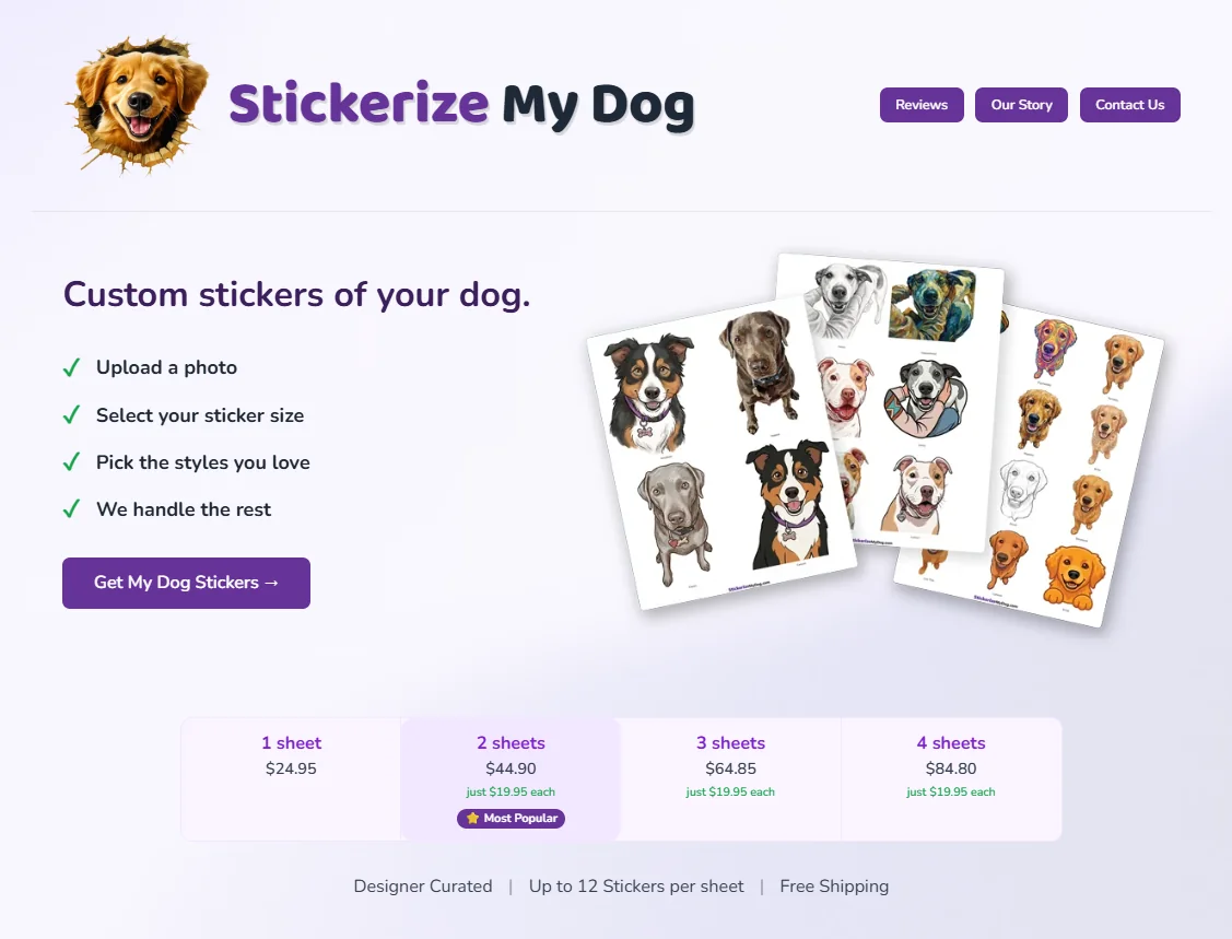 Stickerize My Dog storefront: logo, hero, and sticker sheets